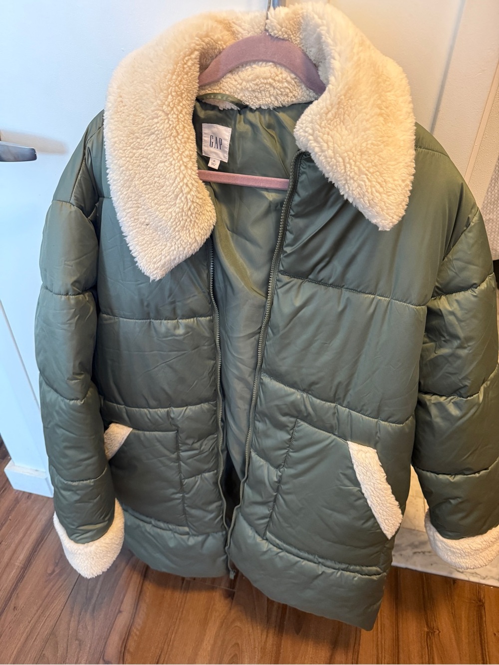 GAP Olive Green Puffer Jacket with Cream Sherpa Trim